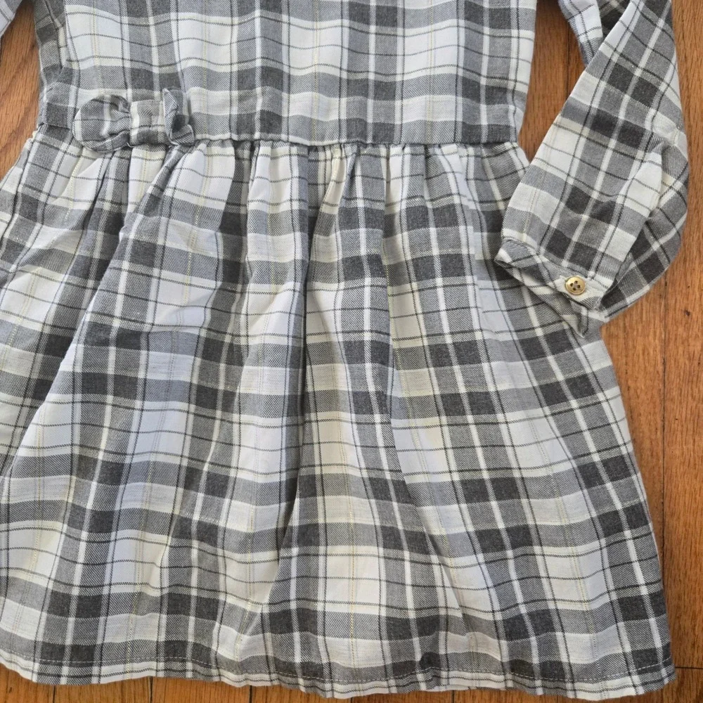 Carters‎ Toddler Girls 4T Gray White Plaid Gold Metallic Long Sleeve Bow Dress